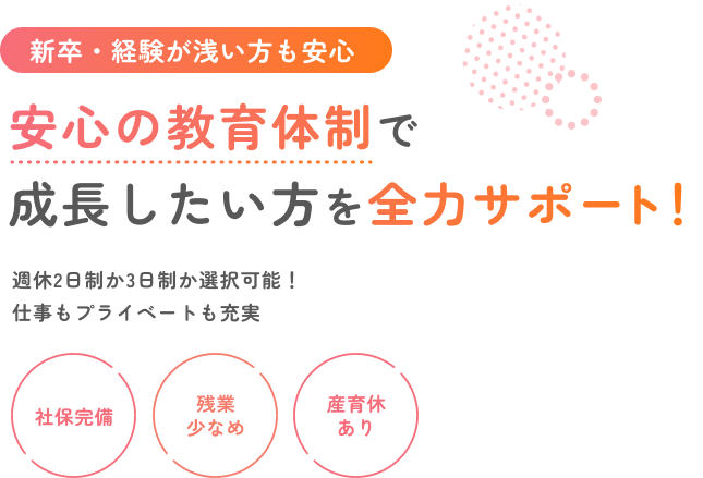 安心の教育体制で成長したい方を全力サポート！週休2日制か3日制か選択可能！仕事もプライベートも充実。社保完備・残業少なめ・産育休あり